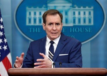 John Kirby, National Security Council Coordinator for Strategic Communications, answers questions during the daily press briefing at the White House in Washington, U.S., February 17, 2023. REUTERS/Evelyn Hockstein