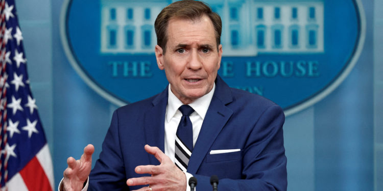 John Kirby, National Security Council Coordinator for Strategic Communications, answers questions during the daily press briefing at the White House in Washington, U.S., February 17, 2023. REUTERS/Evelyn Hockstein